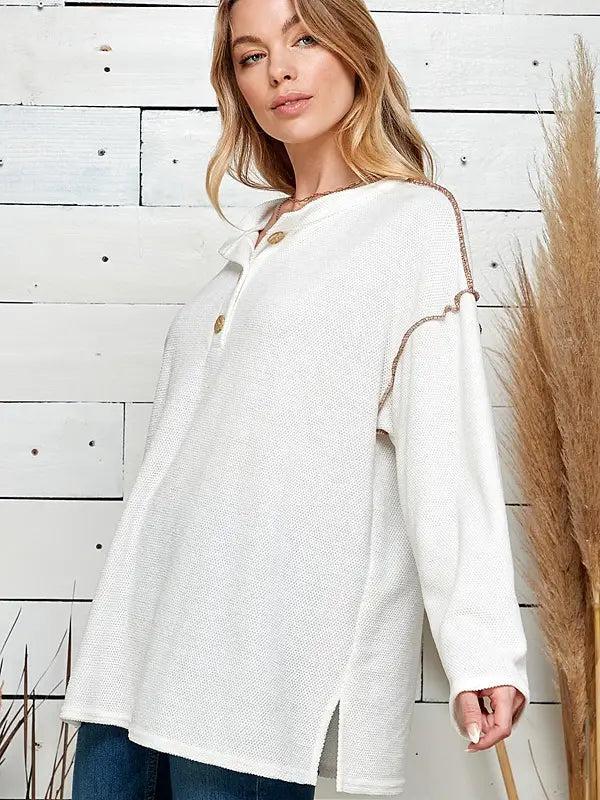 Off White Plus Size Button Up Long Sleeve Knit Loose Top Female Product Image