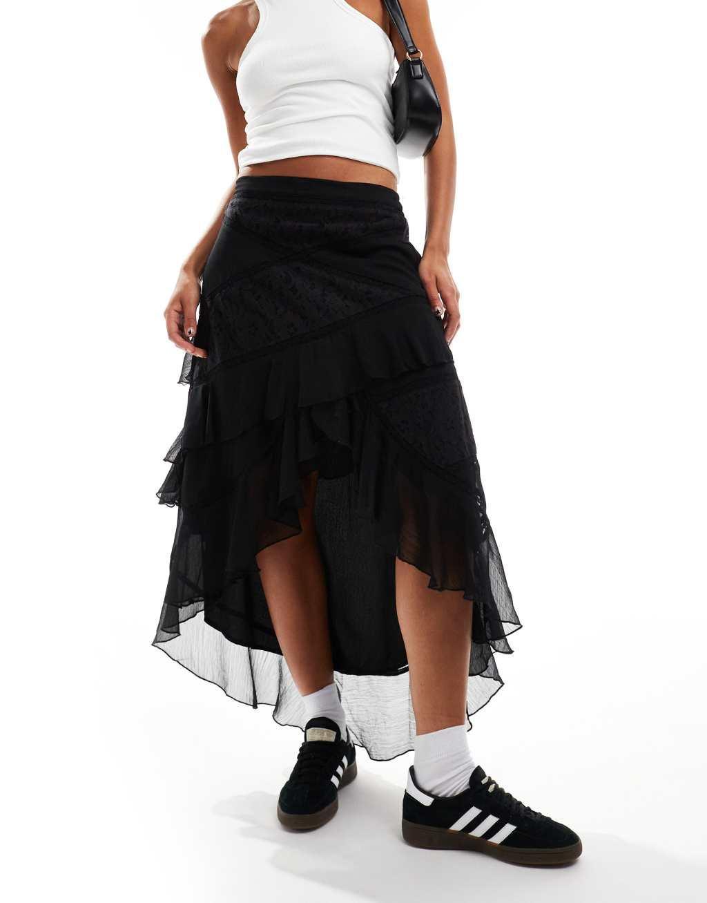 Miss Selfridge chiffon lace mix ruffle maxi skirt in black  Product Image