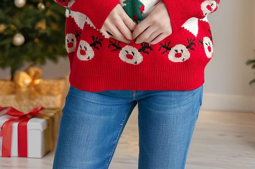 Crew Neck Christmas Deer Print Sweater Product Image