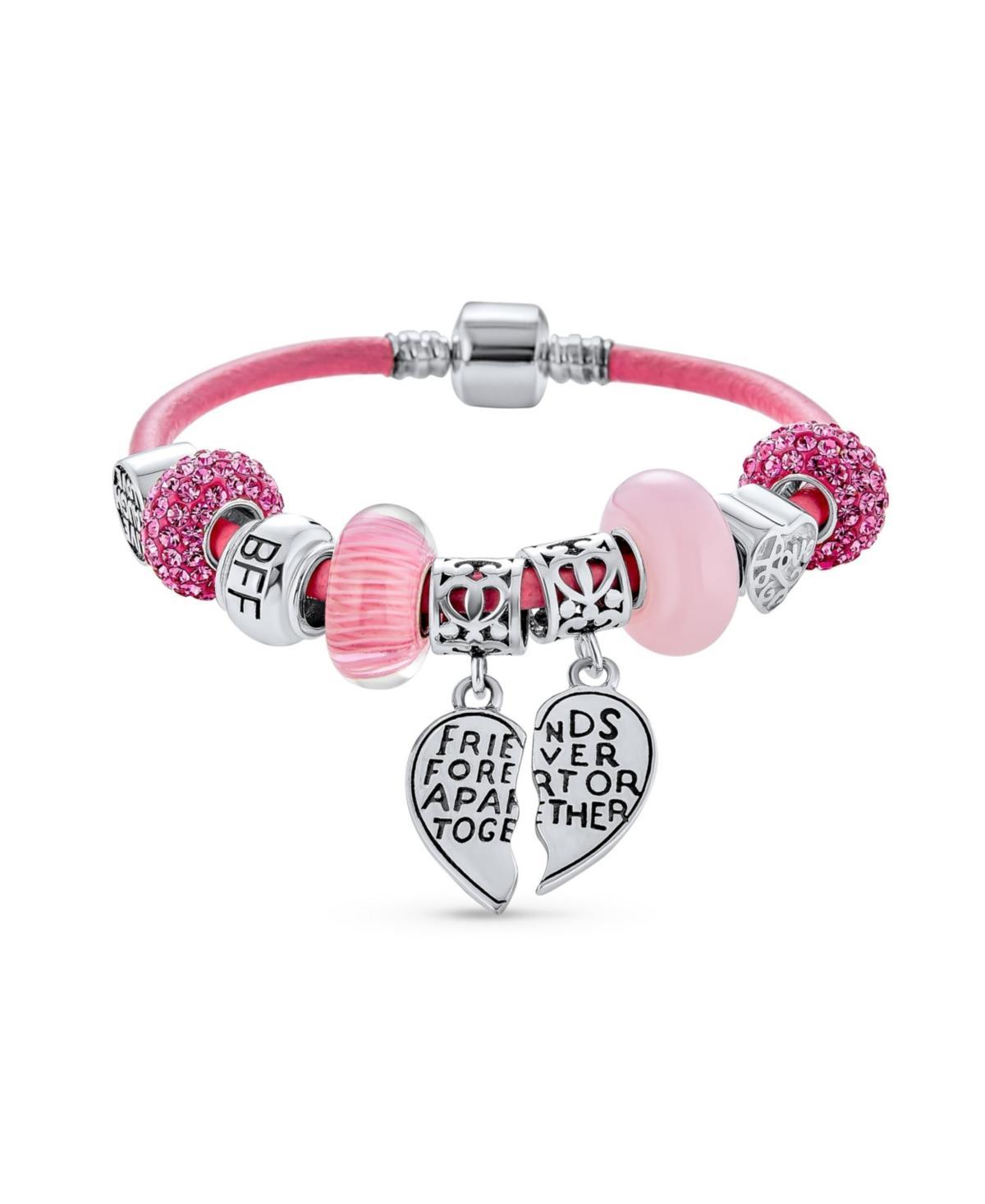 Bling Jewelry 2 Piece Bead Best Friend Sorority Sister Bff Split Heart Theme Multi Charm Bracelet Leather For Women .925 Sterling Silver European Product Image