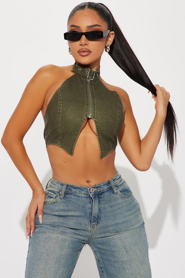 Blaire Washed Faux Leather Halter Top - Olive Product Image