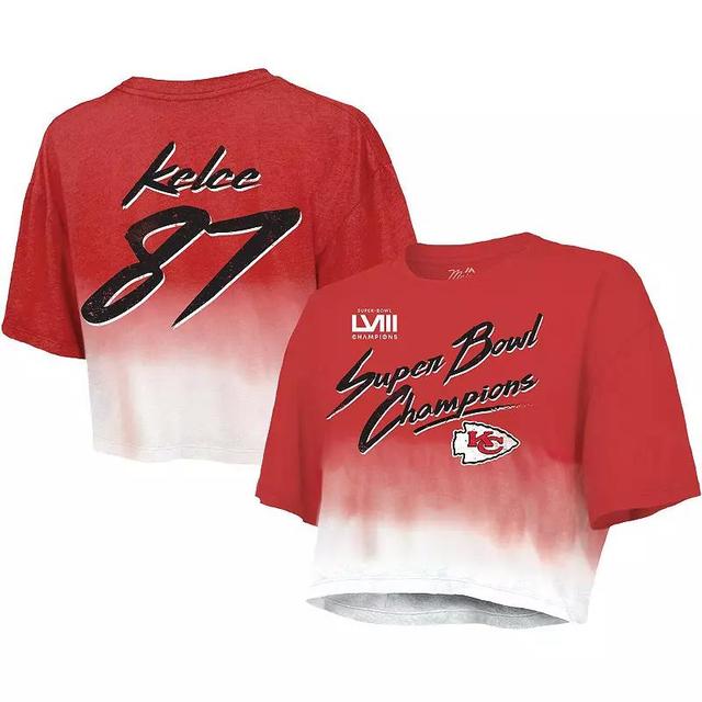 Womens Majestic Threads Travis Kelce Red Distressed Kansas City Chiefs Super Bowl Lviii Dip-Dye Player Name and Number Crop Top - Red Product Image