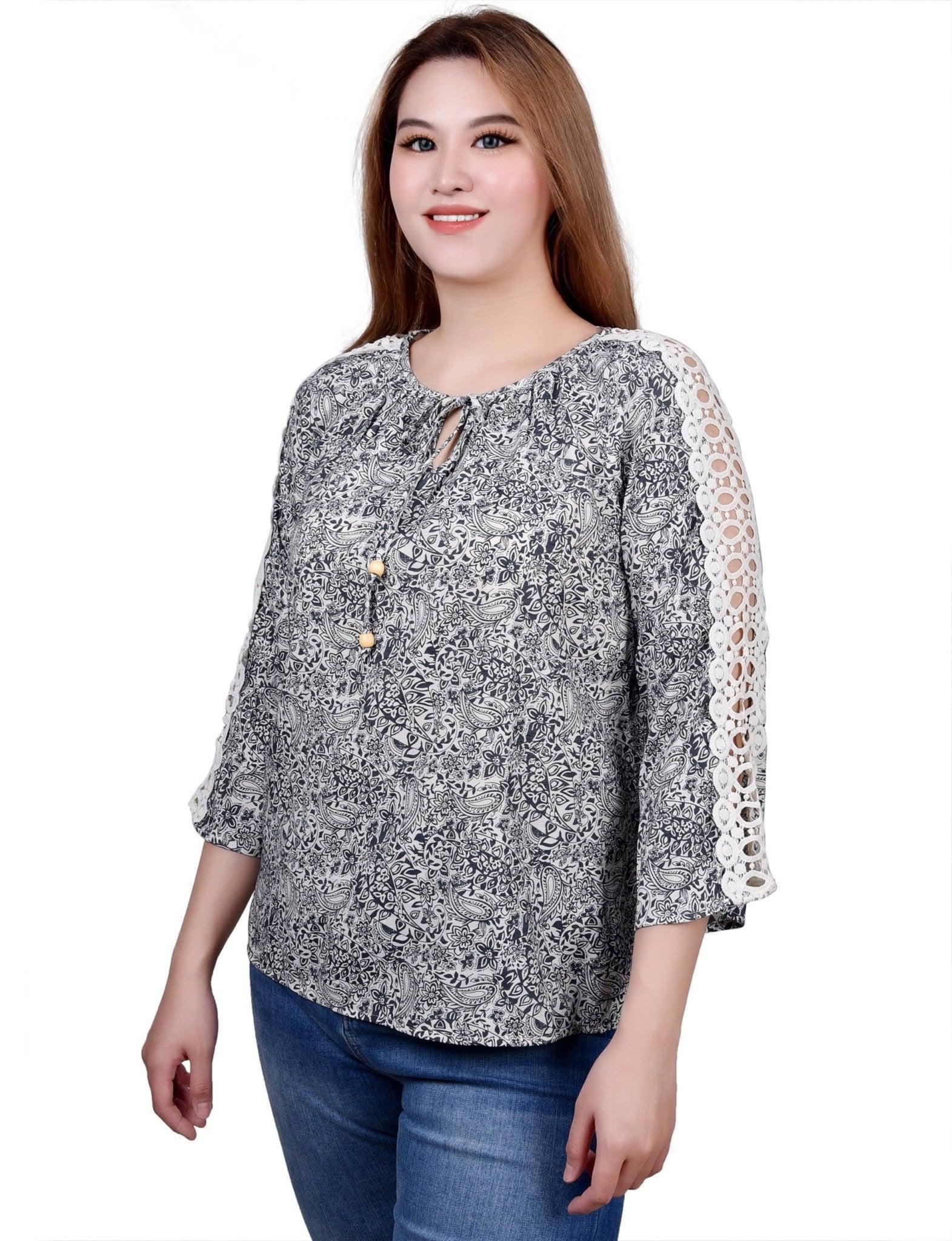 3/4 Length Sleeve Crochet Detail Blouse - Petite Product Image