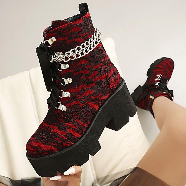 Chain Detail Lace-Up Platform Chunky Heel Short Boots product image