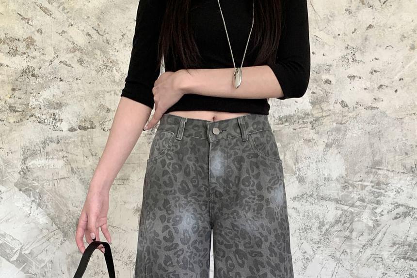 Mid Waist Leopard Print Wide Leg Jeans Product Image