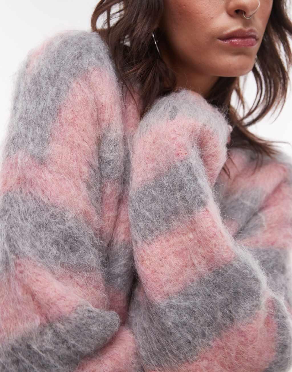 Topshop knitted ultra fluffy stripe relaxed sweater in pink and gray Product Image