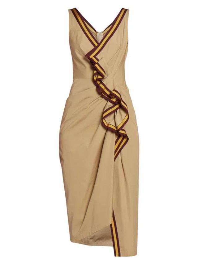 Rugby Stripe Trim Asymmetric Ruffle Cotton Poplin Dress In Beige Product Image