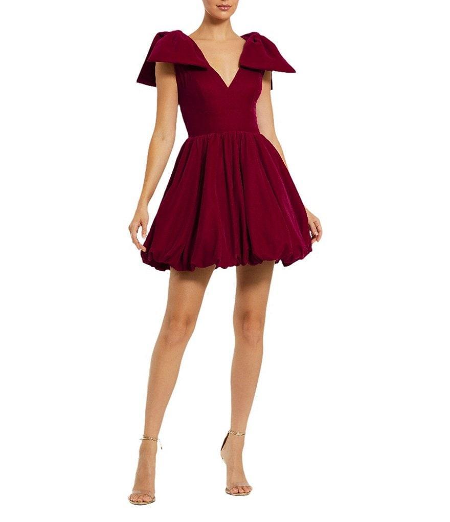 Mac Duggal Bow Shoulder V-Neck Velvet Bubble Hem Fit & Flare Mini Dress Product Image