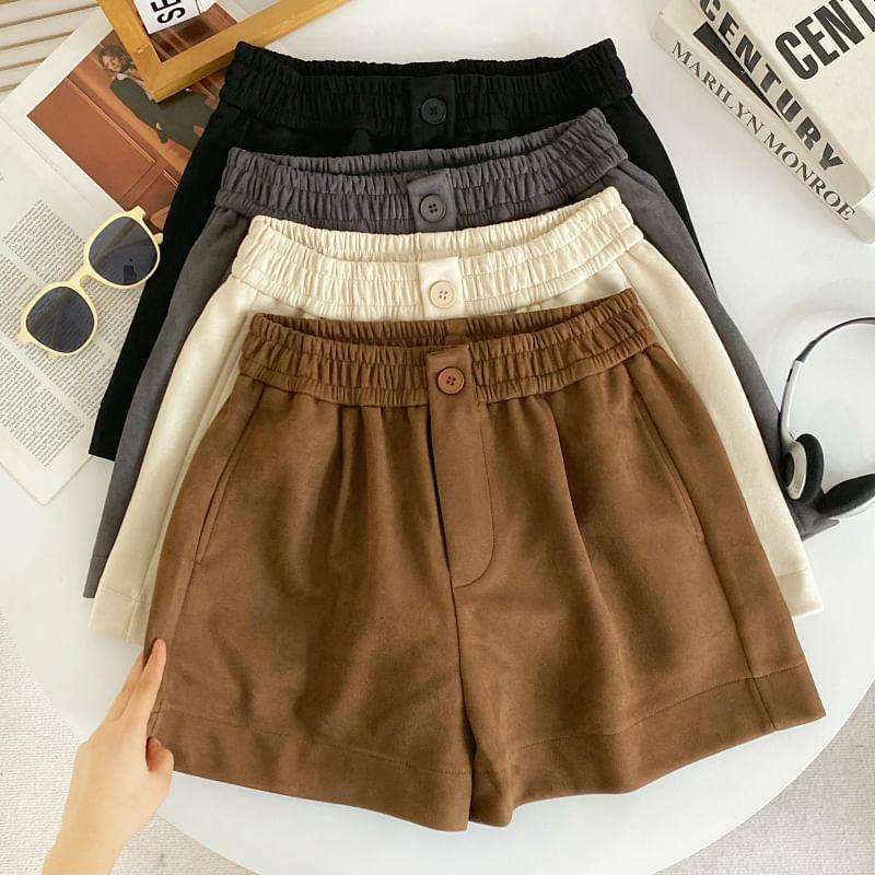 Elastic Waist Plain Faux Suede Wide Leg Shorts Product Image