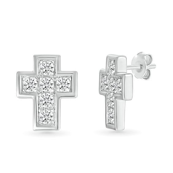 Men's 1/2 CT. T.w. Diamond Mini Cross Stud Earrings in 10K White Gold Product Image