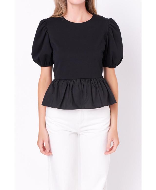 English Factory Mixed Media Puff Sleeve Peplum Top Product Image