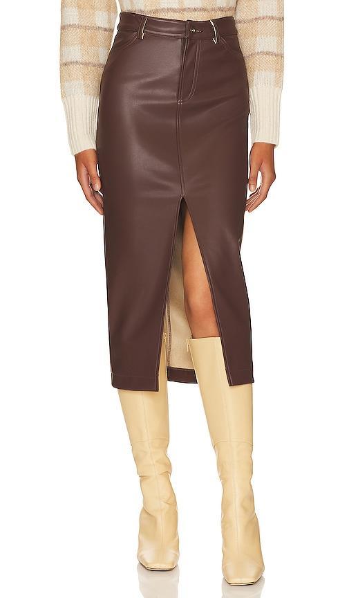 HEARTLOOM Jae Faux Leather Skirt in Chocolate. Product Image