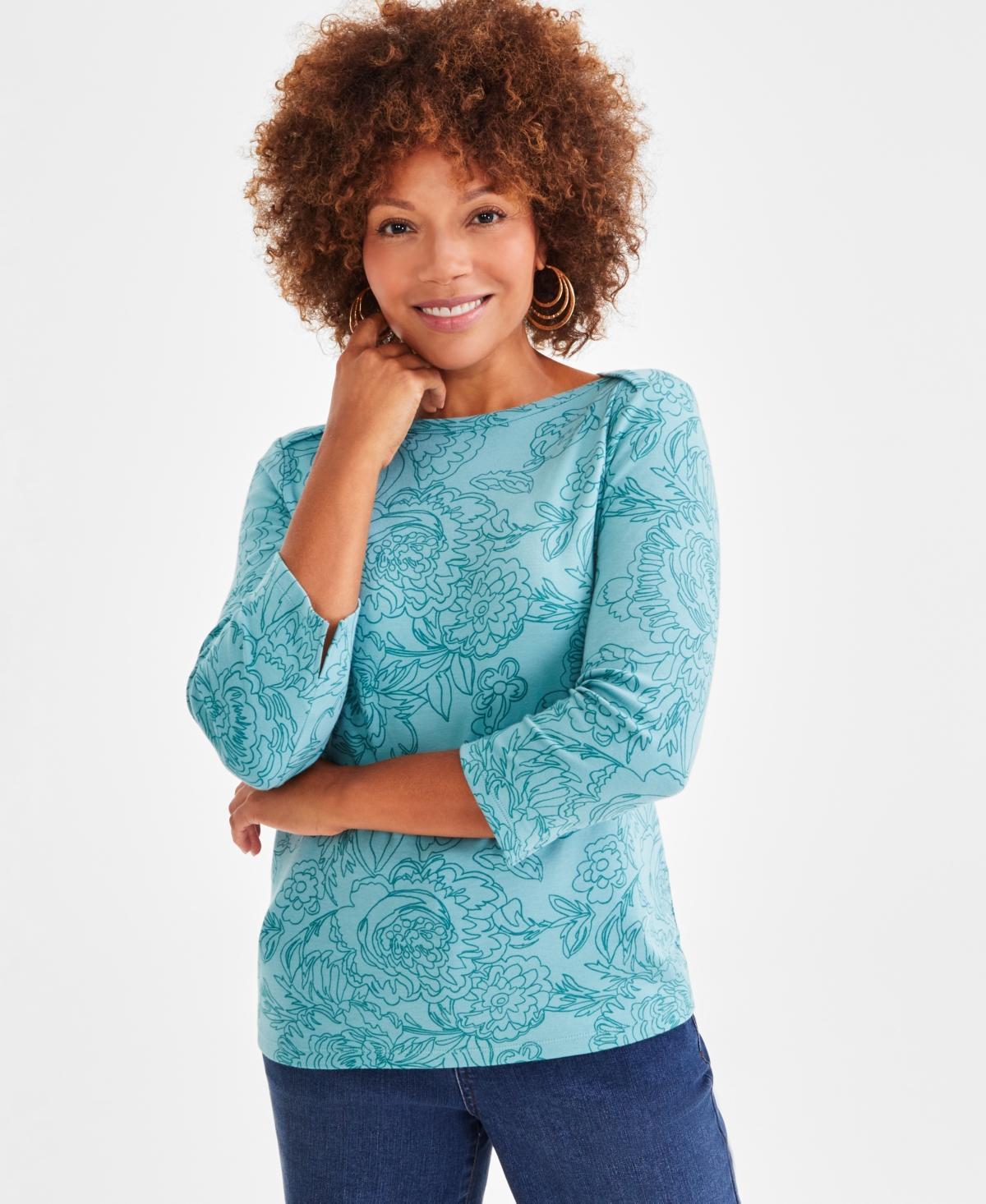 Style & Co Womens Pima Cotton Printed 3/4-Sleeve Top, Created for Macys Product Image