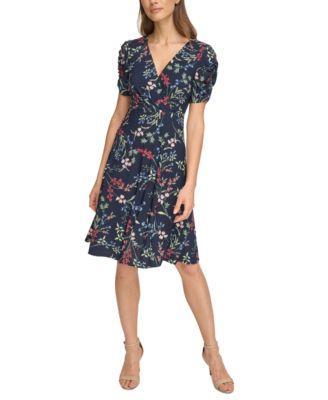 Petite Floral-Print Ruched-Sleeve Dress Product Image