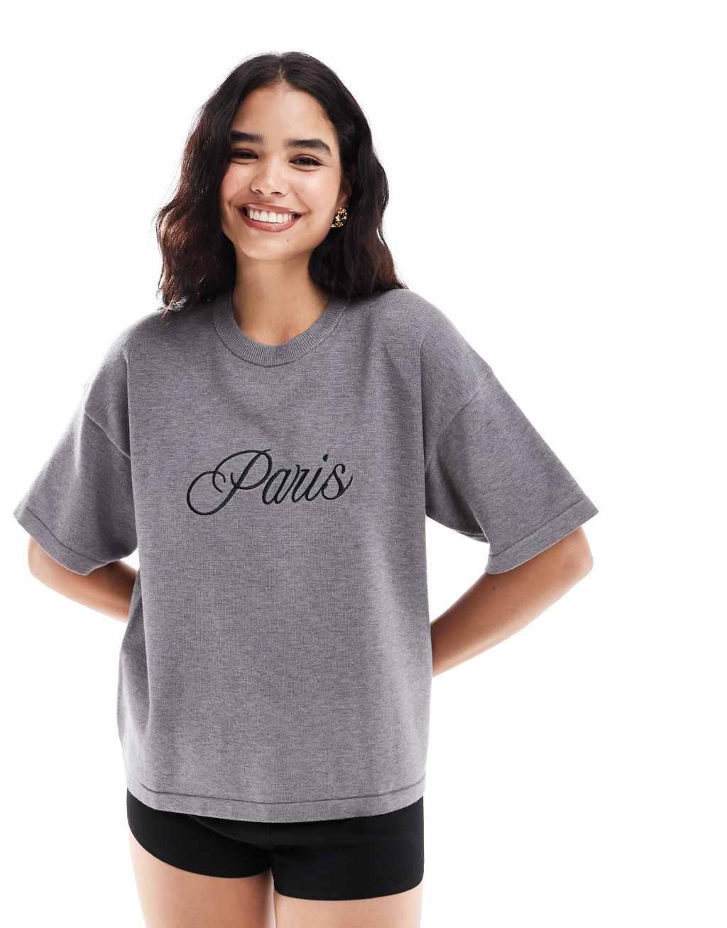 4th & Reckless knit Paris logo t-shirt in gray Product Image