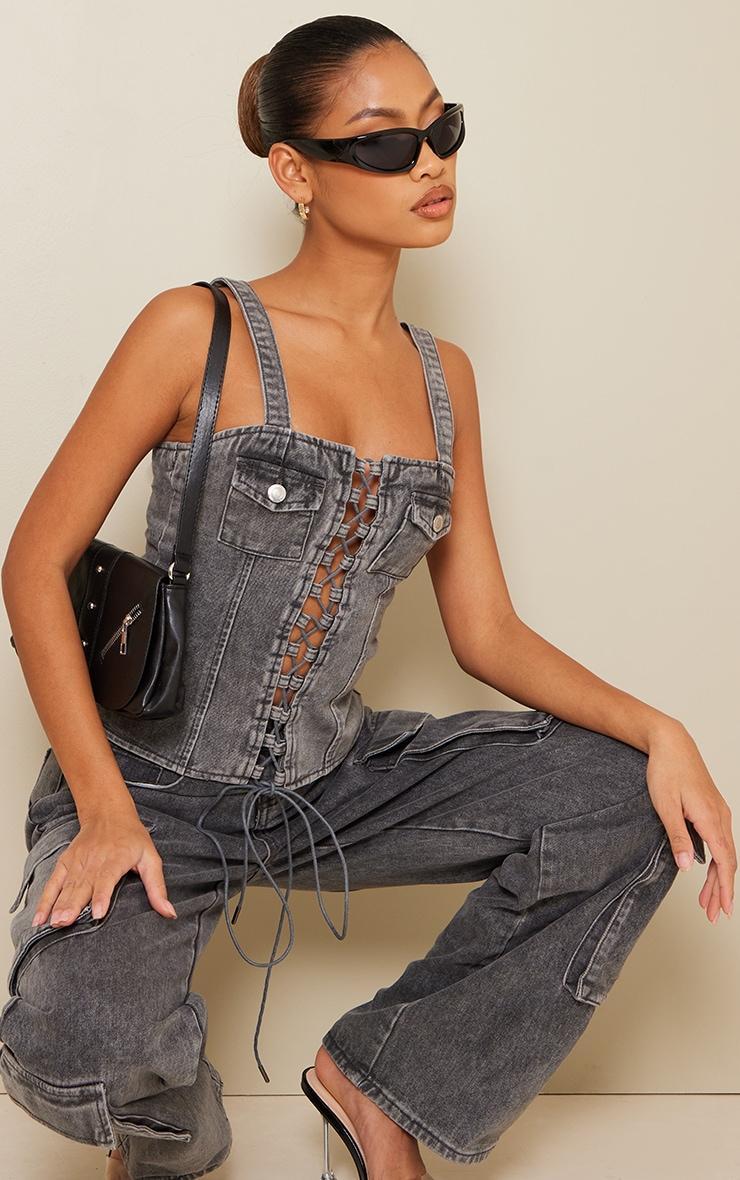 Grey Acid Wash Lace Up Denim Top product image