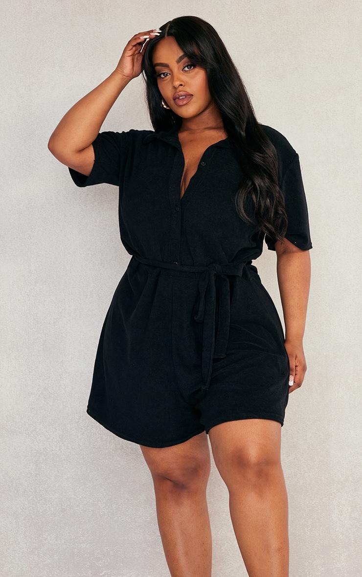  Plus Black Towelling Shirt Romper Product Image