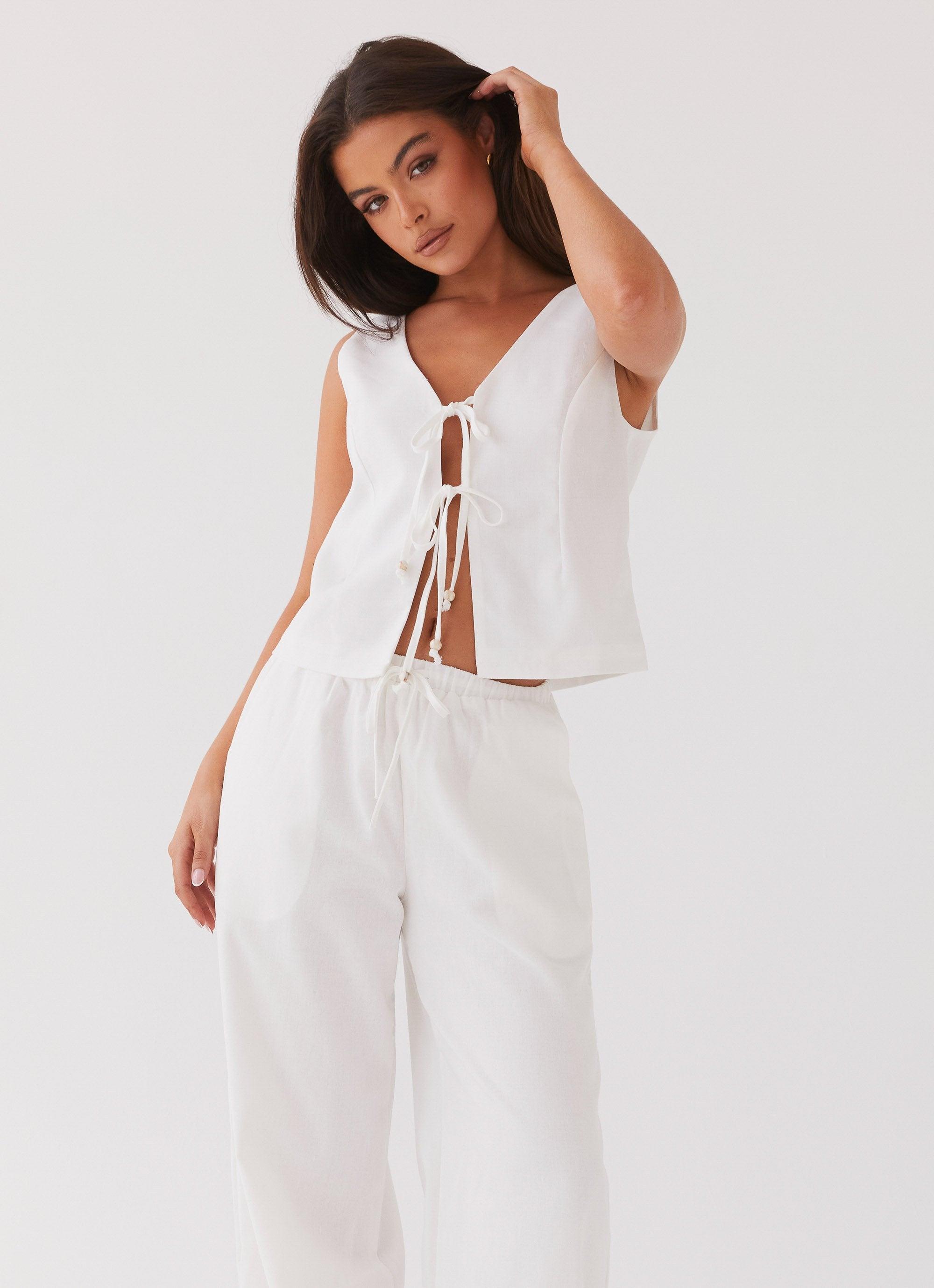 Tina Linen Vest Top - White Product Image