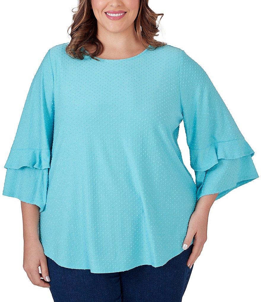 Ruby Rd. Plus Size Knit Swiss Dot Scoop Neck 3/4 Bell Sleeve Shirttail Hem Top Product Image