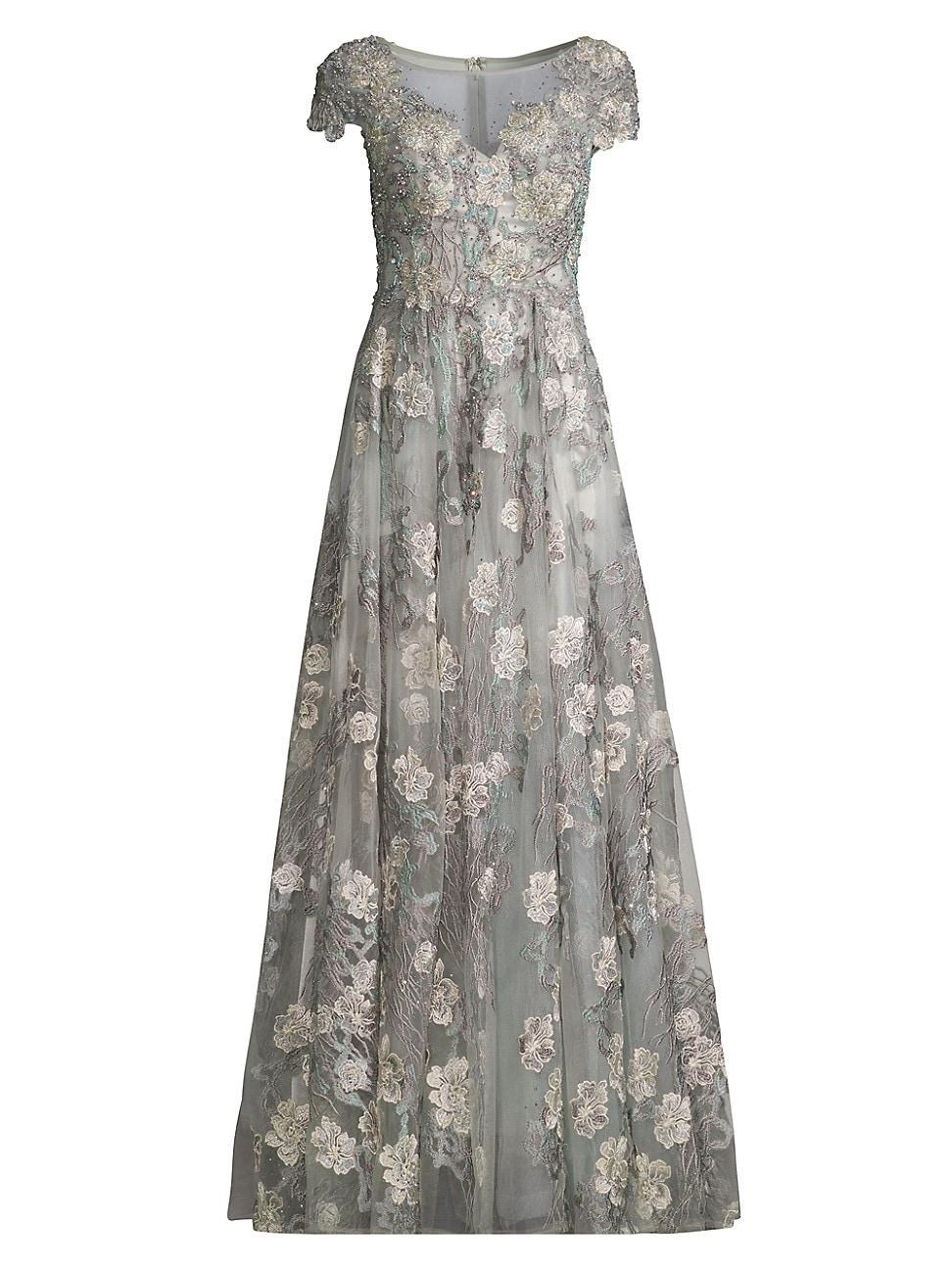 Womens Cap-Sleeve Floral A-Line Gown Product Image