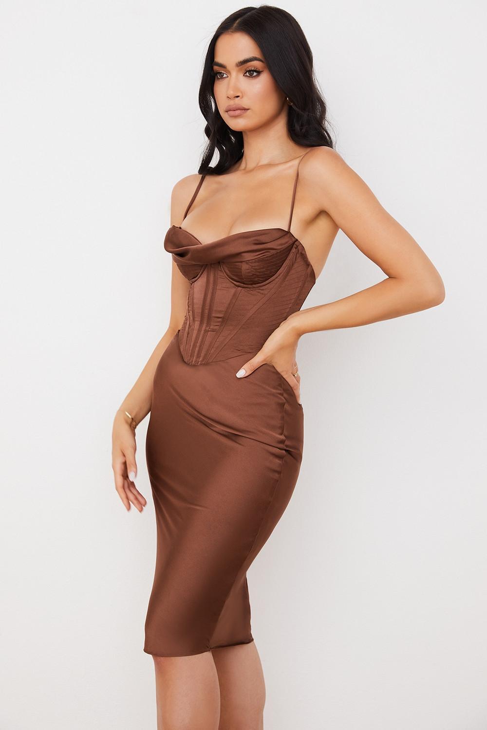 Myrna Chocolate Satin Corset Slip Dress Product Image