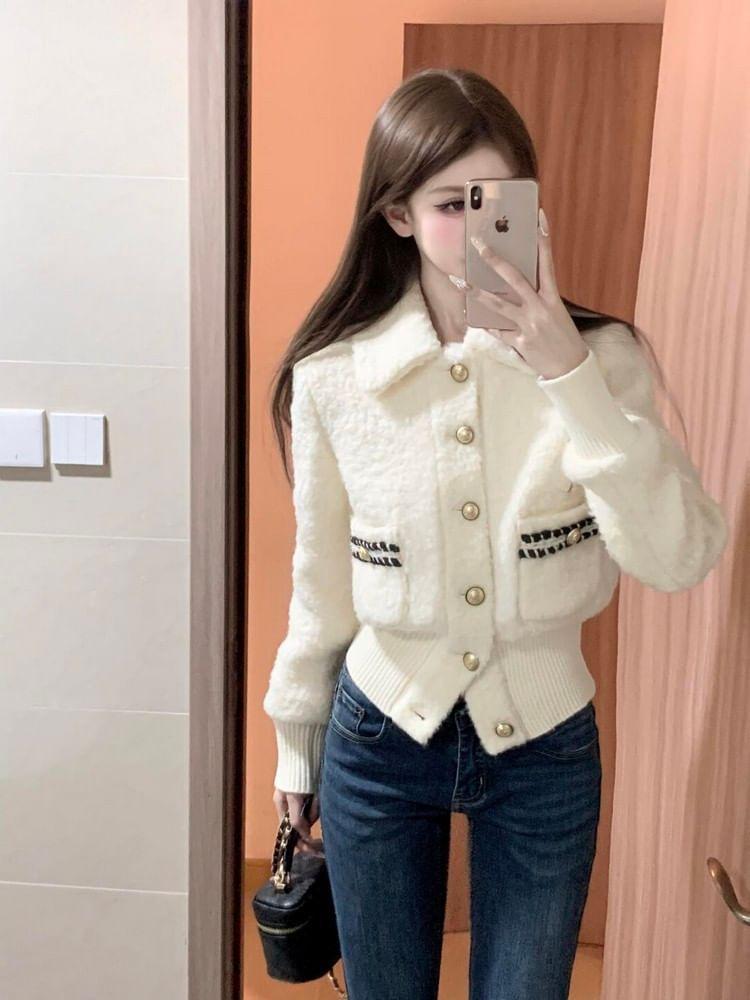 Lapel Collar Plain Tweed Faux Pearl Button Cropped Jacket Product Image