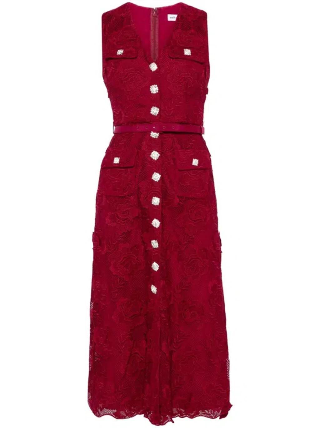 Crystal-buttons Lace Midi Dress In Red Product Image