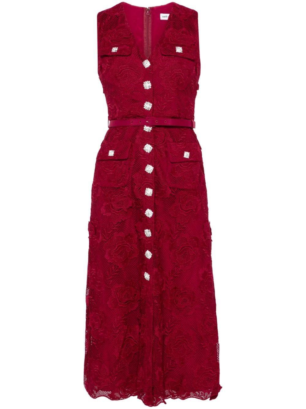 Crystal-buttons Lace Midi Dress In Red Product Image