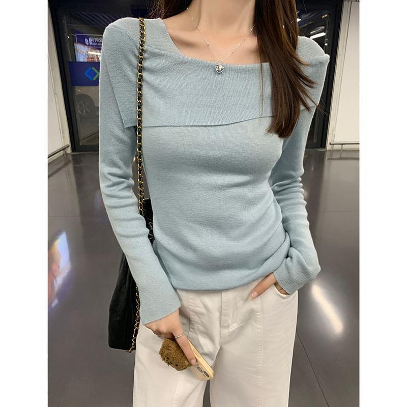 Long-Sleeve Asymmetrical Neck Plain Slim Fit Knit Top Product Image