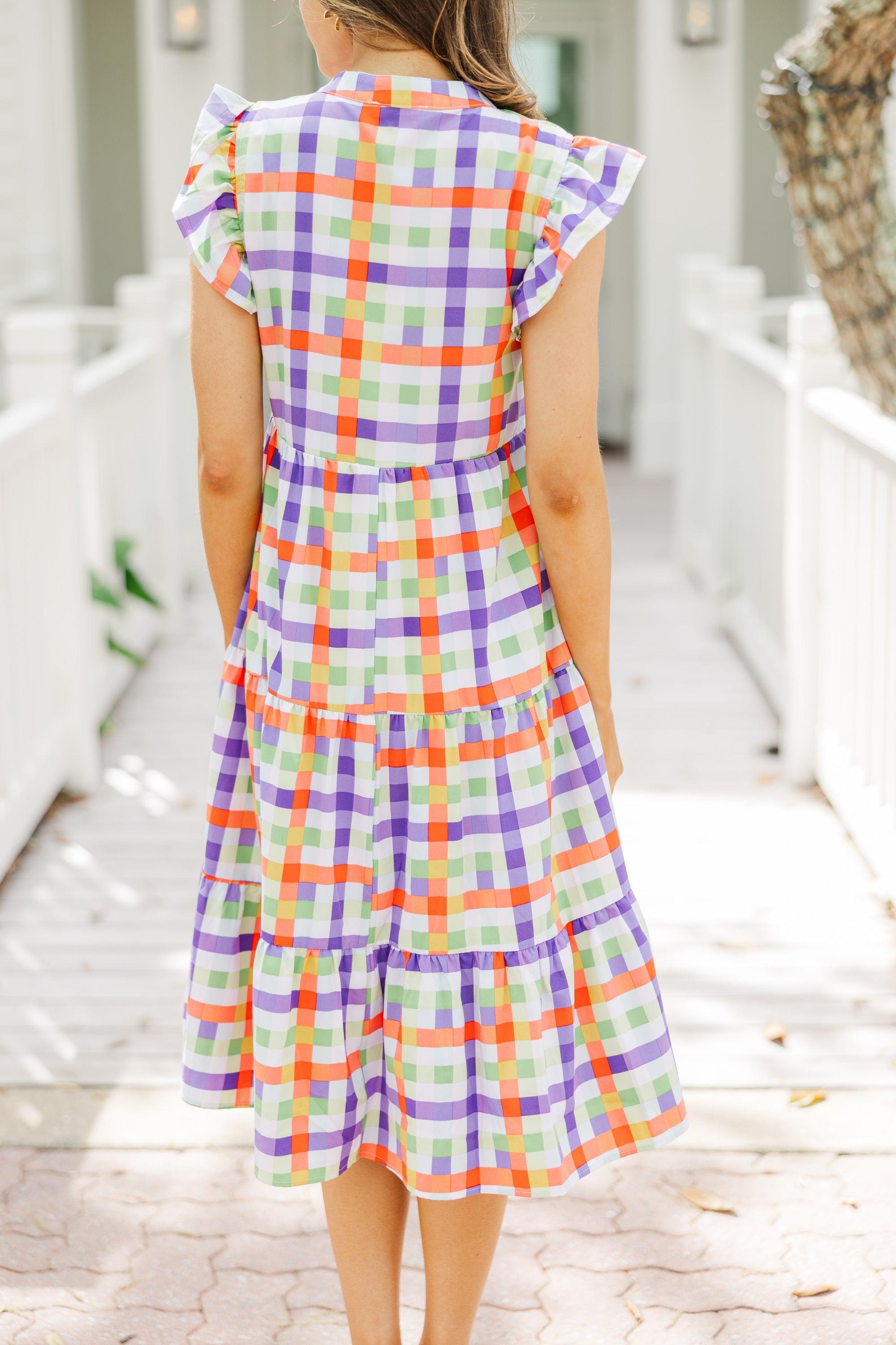 Just A Dream Orange Gingham Midi Dress Female Product Image