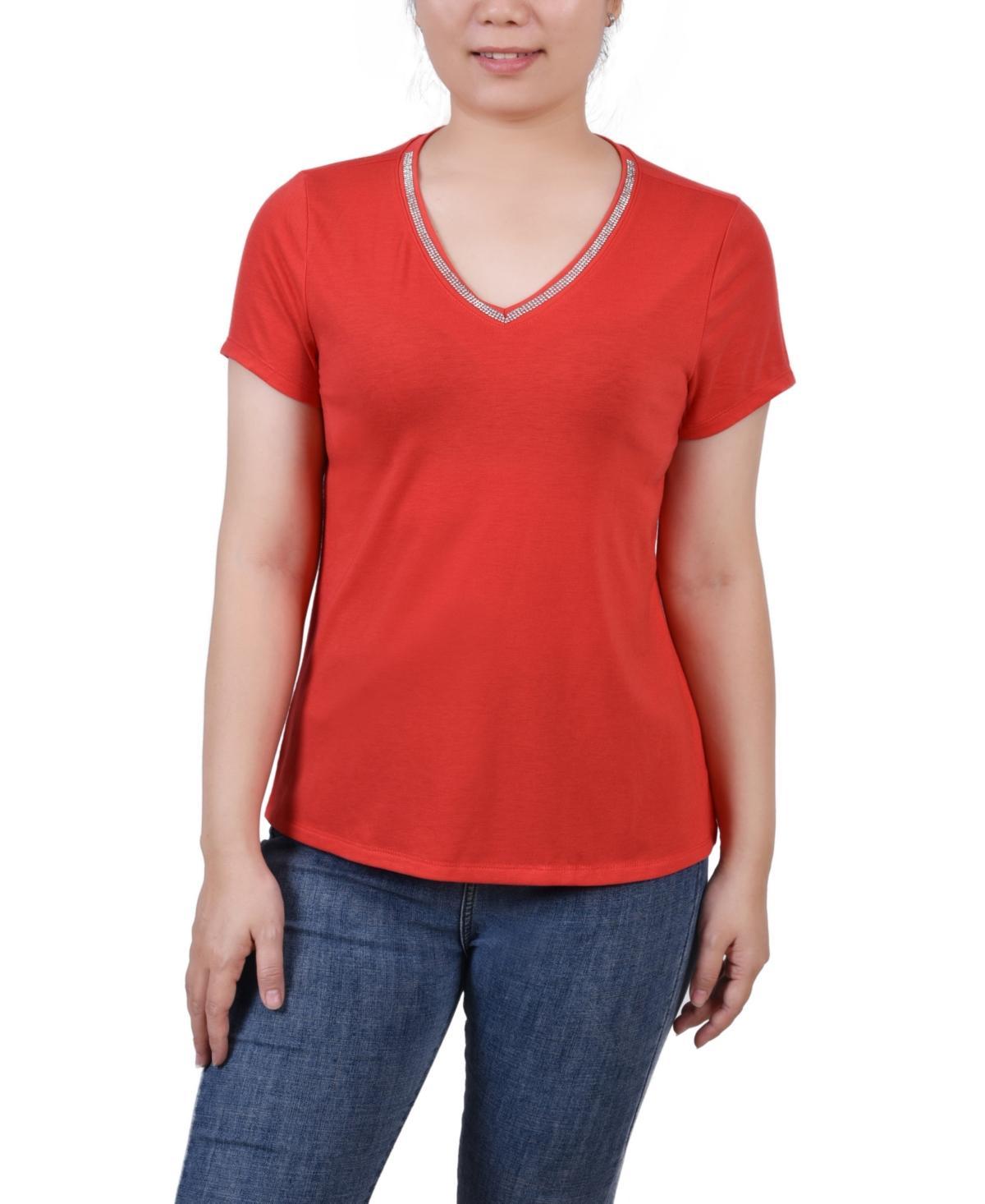 Ny Collection Womens Short Sleeve Top with Stone Details Product Image