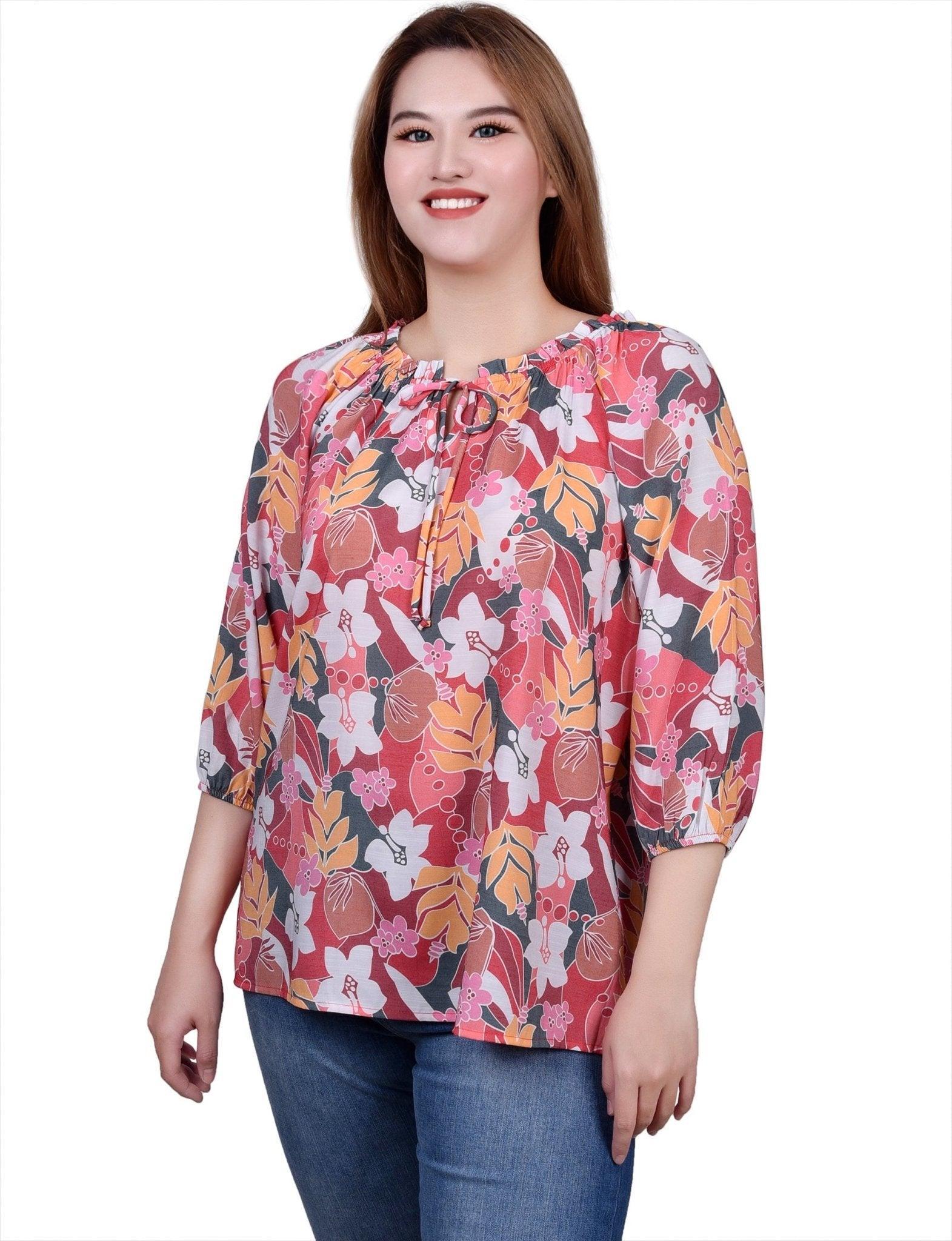 3/4 Length Sleeve Drawstring Neck Blouse Product Image