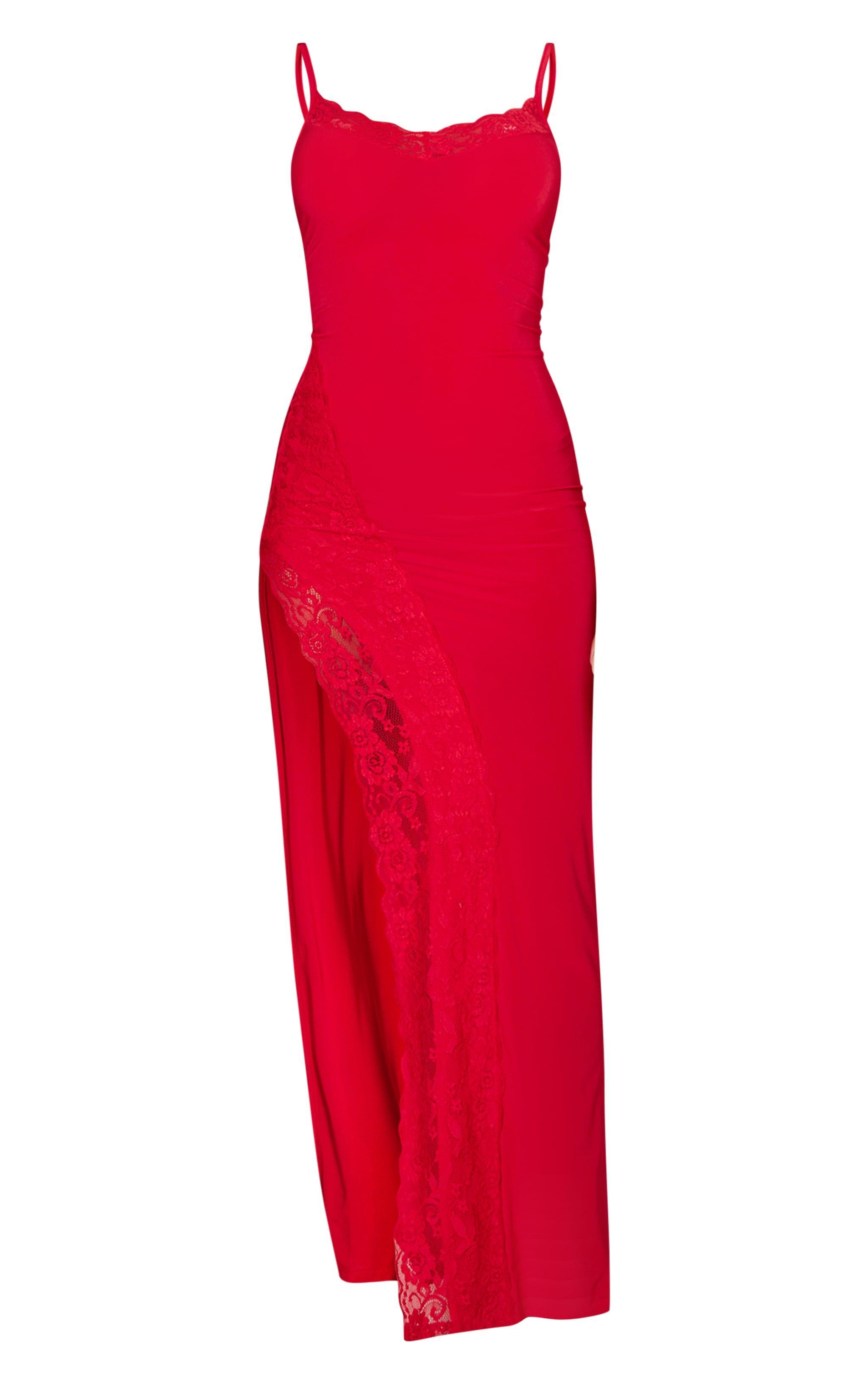 Tomato Red Slinky Lace Trim Split Detail Maxi Dress Product Image