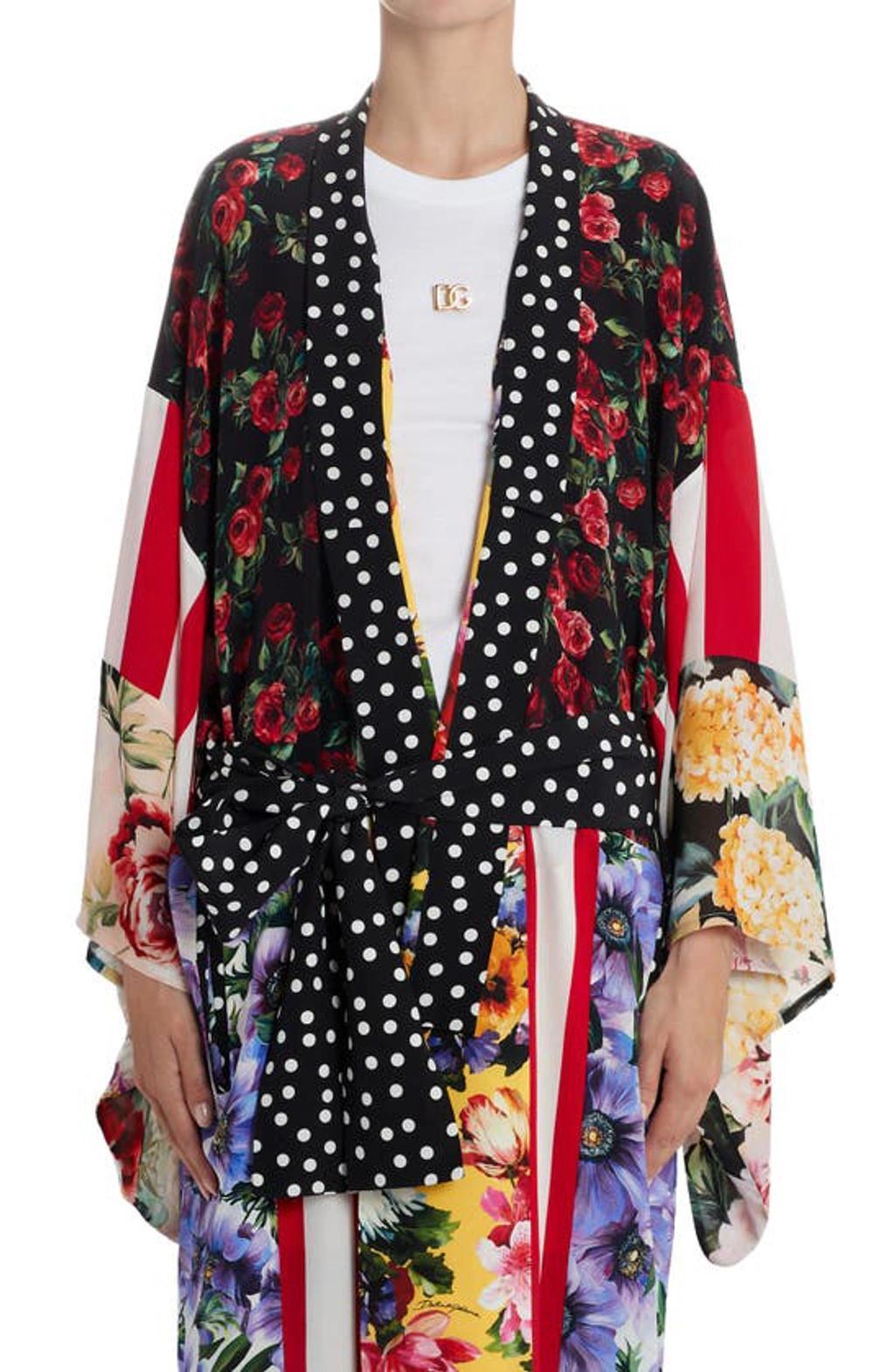 DOLCE & GABBANA Patchwork Floral-print Silk-crepe Robe In Black Product Image