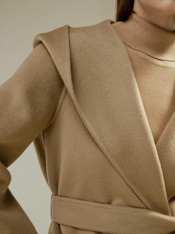 Cashmere-Wool-Blend Belted Short Hooded Coat Product Image