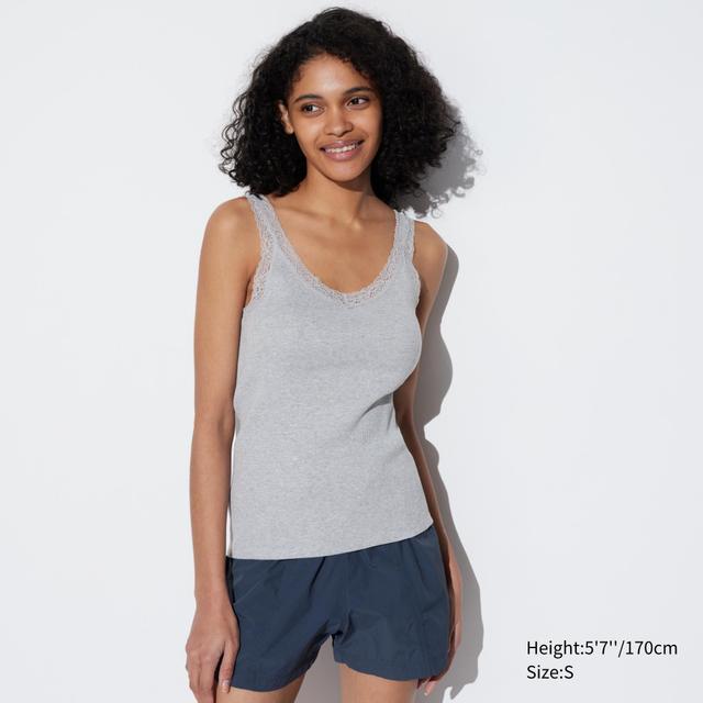 Womens 2-Way Stretch Ribbed Lace Tank Top Gray Large UNIQLO US Product Image