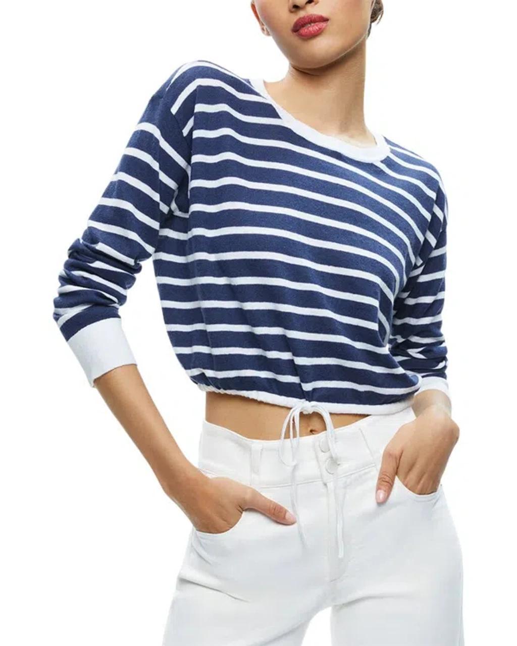 ALICE AND OLIVIA Bernetta Striped Cropped Pullover In Blue Product Image