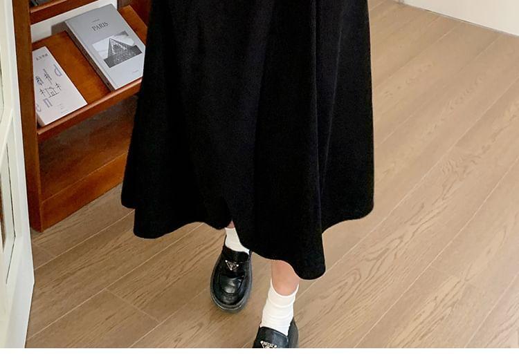 Mock Two-Piece Long-Sleeve Collar Two Tone Button Corduroy Midi A-Line Dress Product Image