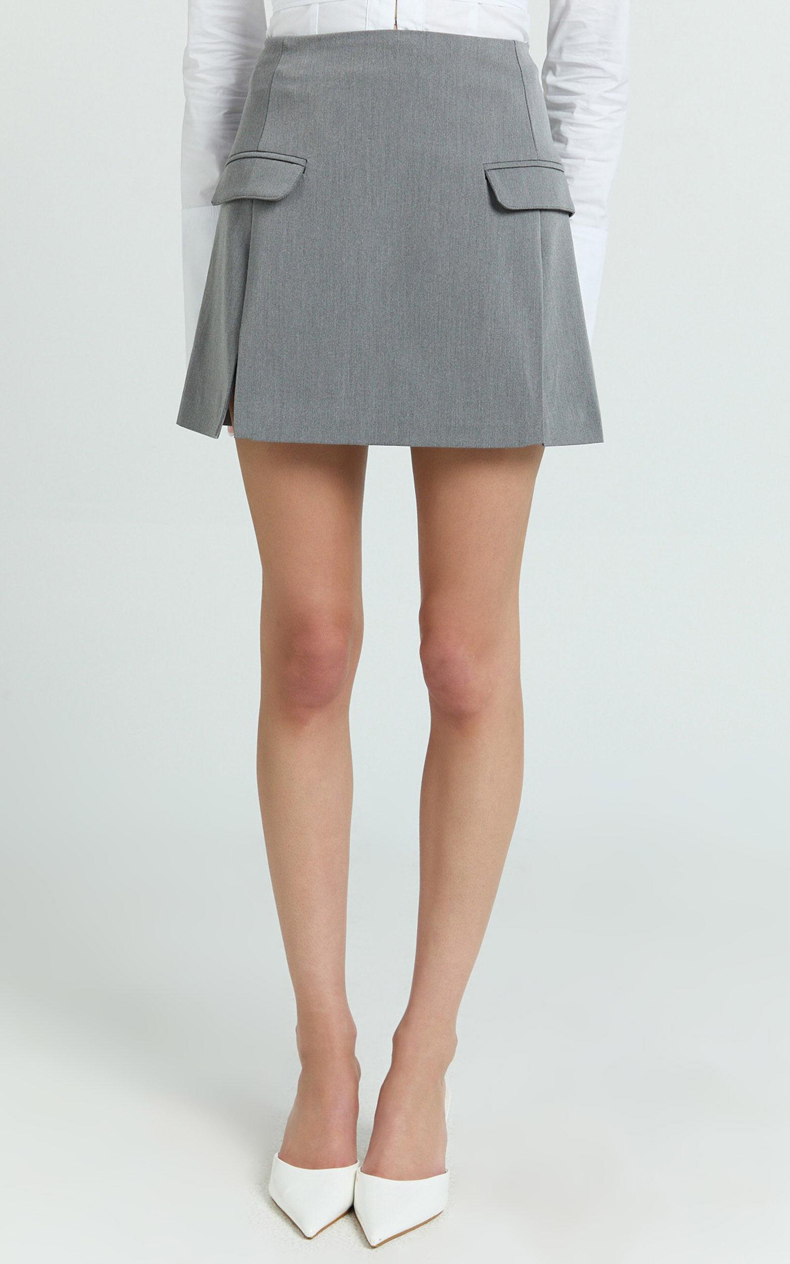 Lois Mini Skirt - Pocket Split Workwear Skirt in Grey Product Image