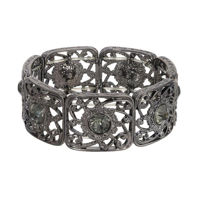 1928 Filigree Bead Crystal Rondelle Stretch Bracelet, Womens, Black Product Image