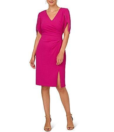 Adrianna Papell Pleated Imitation Pearl Trim Crepe Sheath Dress Product Image