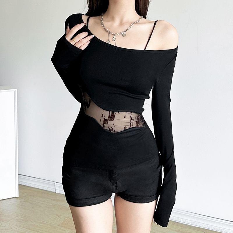 Long-Sleeve Cold-Shoulder Plain Lace Panel Tee Product Image