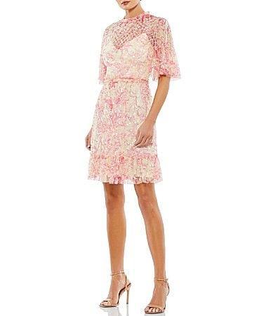 Mac Duggal Floral Print Mock Neck Short Flounce Sleeve Sequin Embellished Tiered Ruffle Hem Dress Product Image