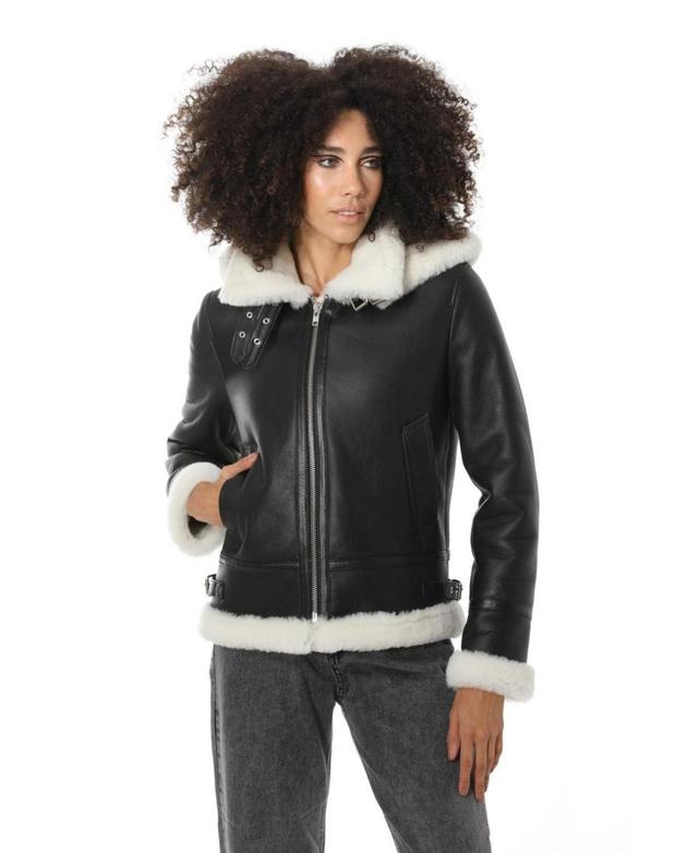 Furniq Uk Womens Detachable Hooded Shearling Jacket, Silky Black with White Wool Product Image