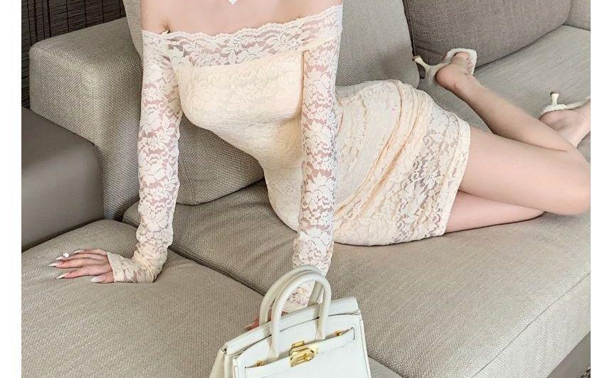 Long-Sleeve Off-Shoulder Plain Lace Mini Sheath Dress Product Image