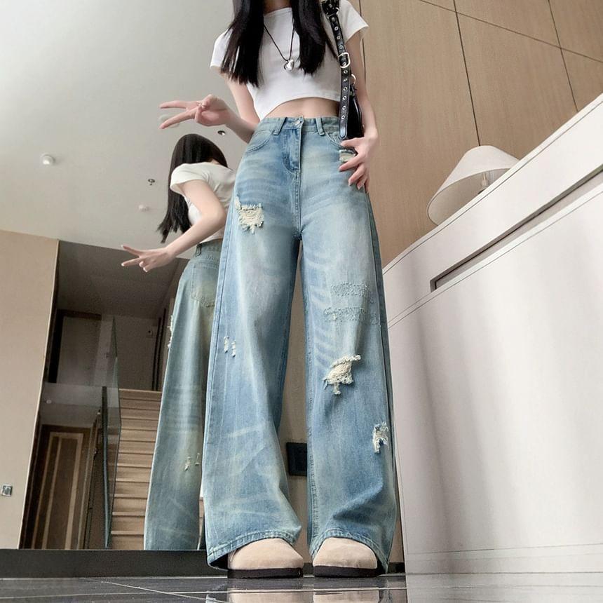 High Rise Washed Distressed Straight-Fit Wide-Leg Jeans Product Image