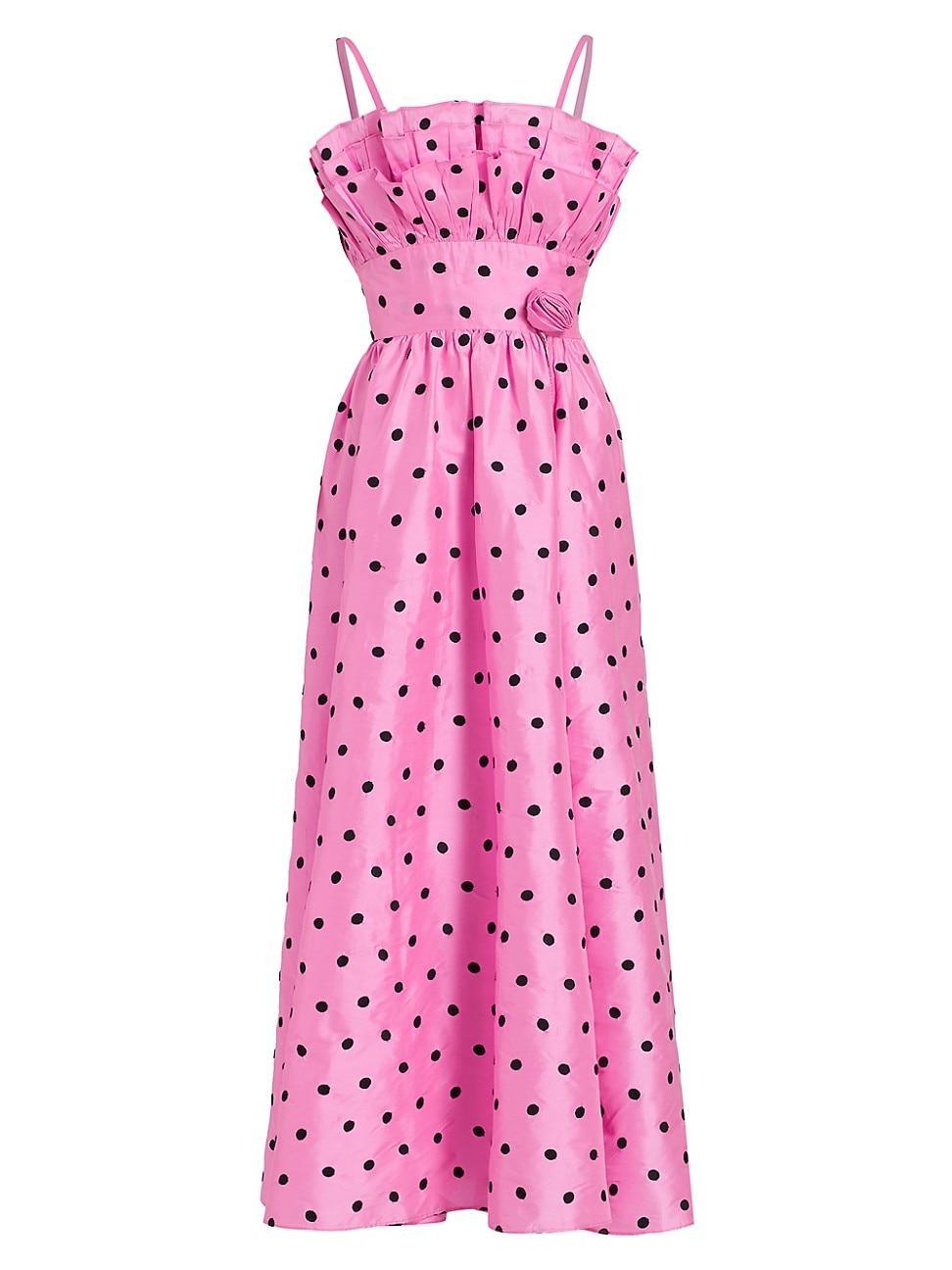 Womens Amara Cotton Polka-Dot Ruffled Midi-Dress - Pink Polka Dot Taffeta - Size 2 product image