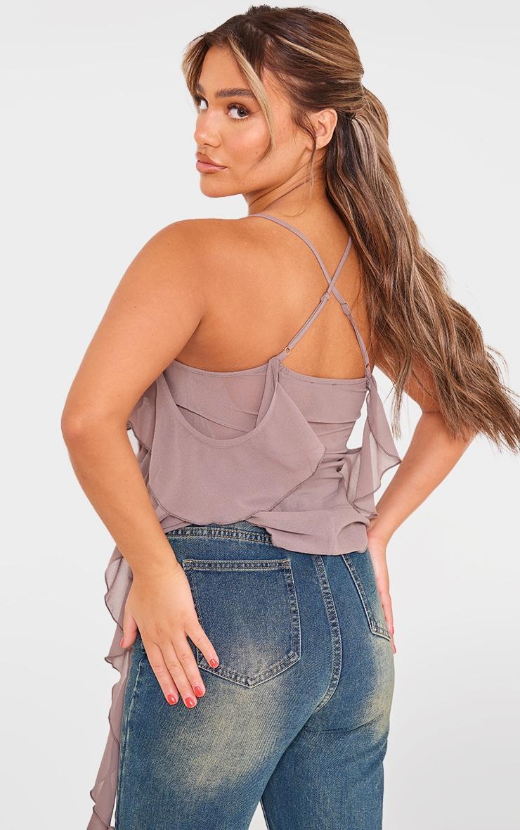 Taupe Cross Back Chiffon Ruffle Top Product Image