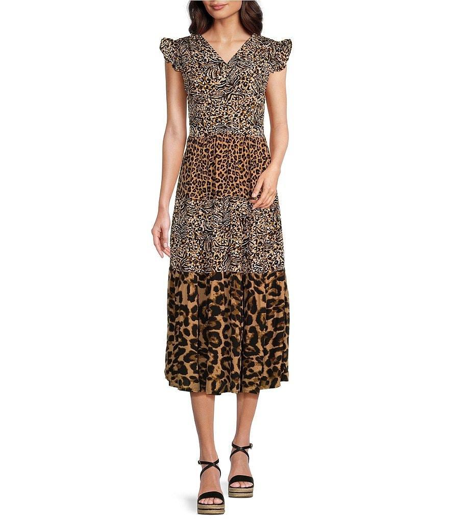 Calessa Printed Animal Patchwork V Neckline Flutter Cap Sleeve Midi Dress Product Image