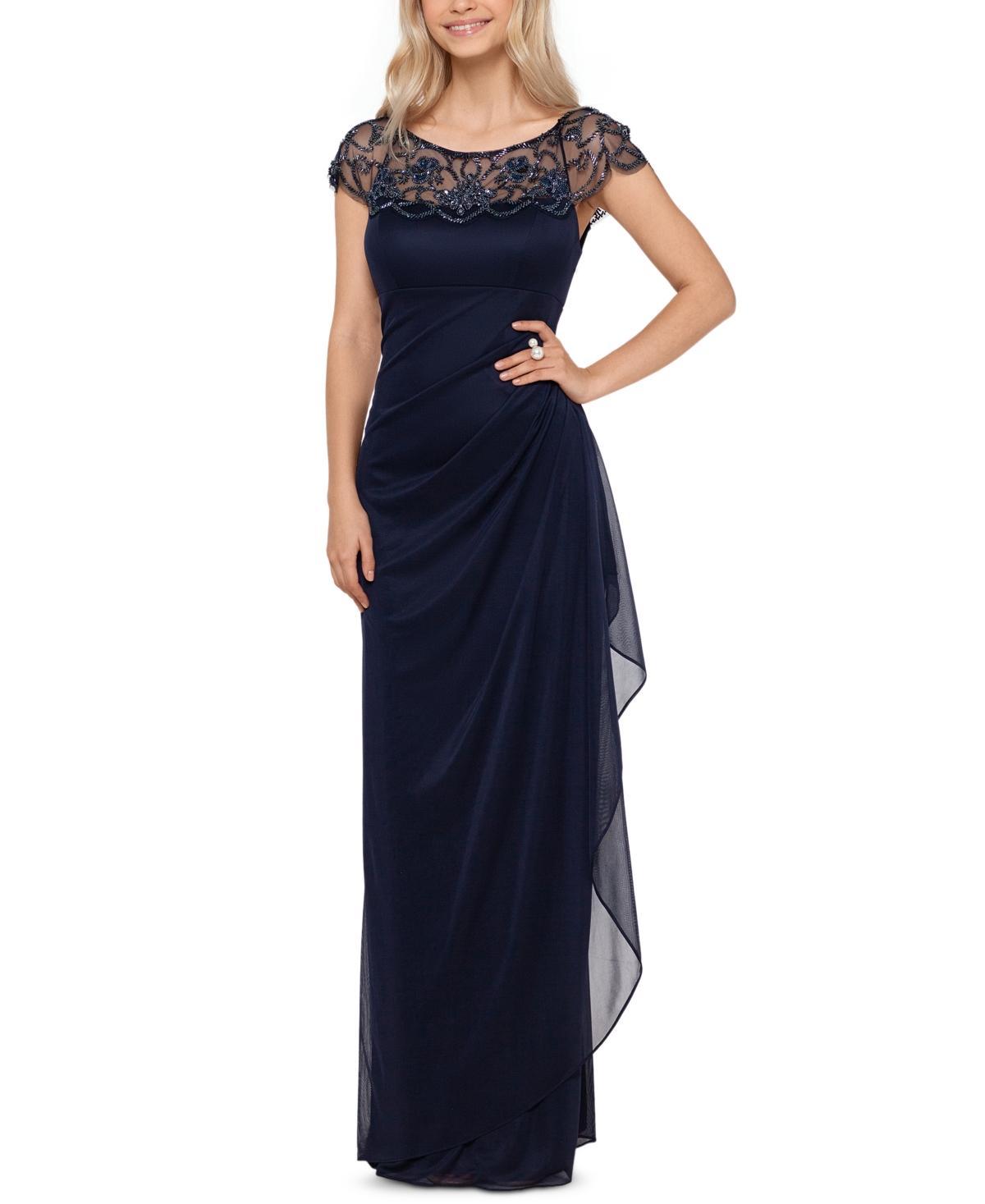 Xscape Beaded Yoke Cap Sleeve Illusion Round Neck Ruched Cascade Ruffle Side Gown Product Image